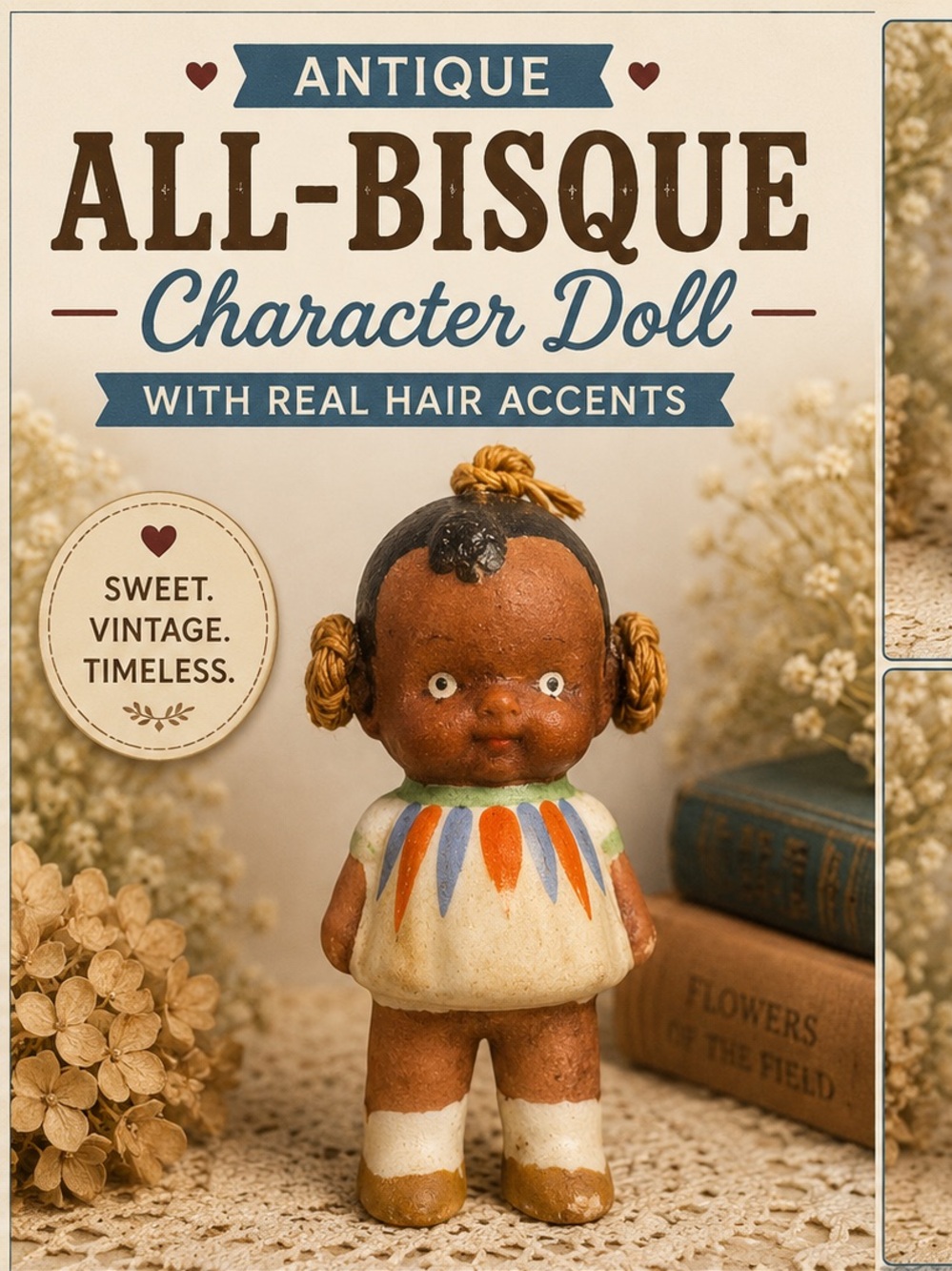 Vintage Ruby lane Character Doll Accent in Brown and Cream